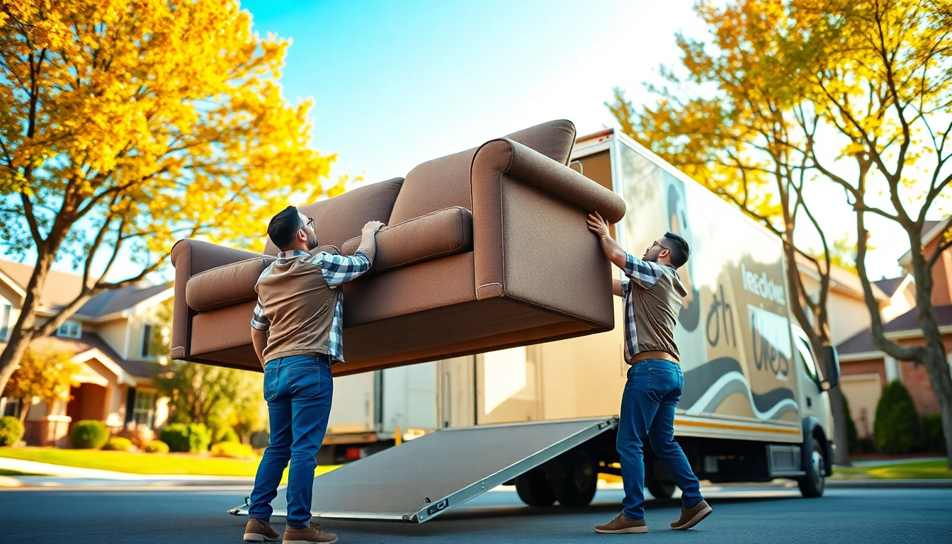 Removalists Wollongong moving a sofa, showcasing professional service and teamwork.