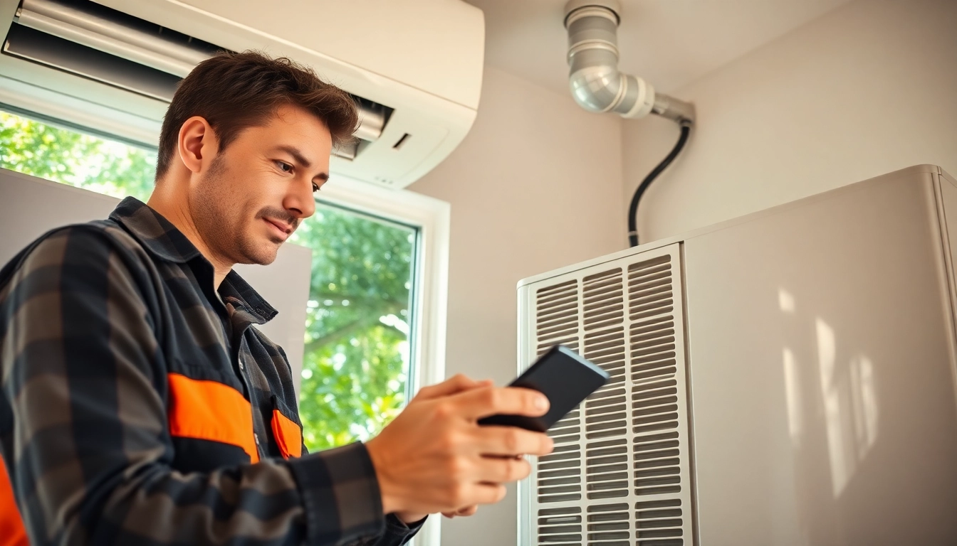 Efficient technician providing heating and cooling services in a bright, residential environment.