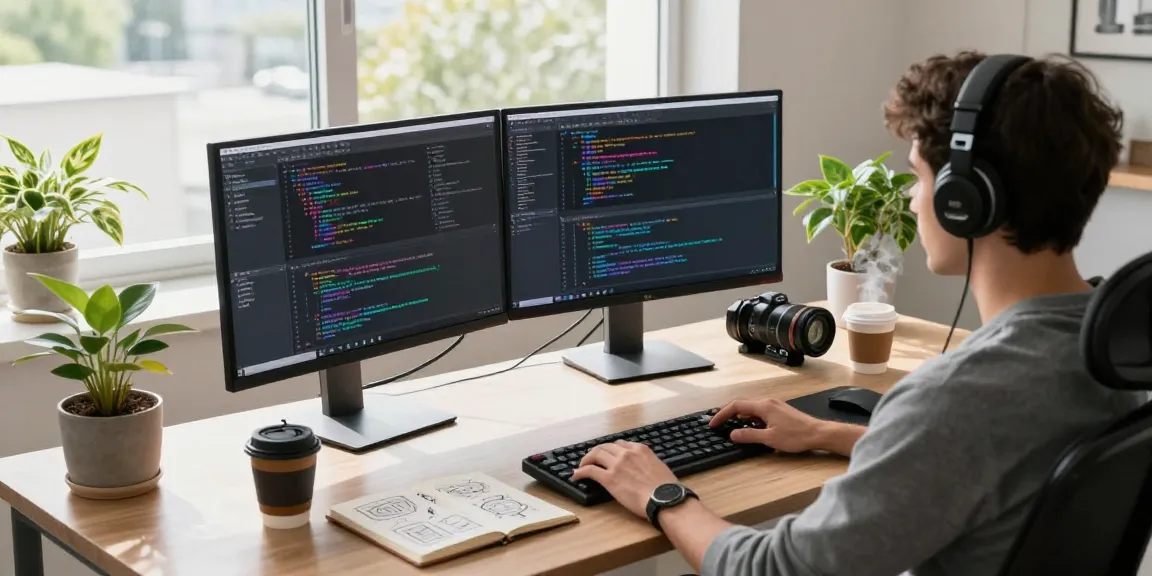 Efficient workspace with dual monitors for 截图软件下载, showcasing vibrant code and design tools.