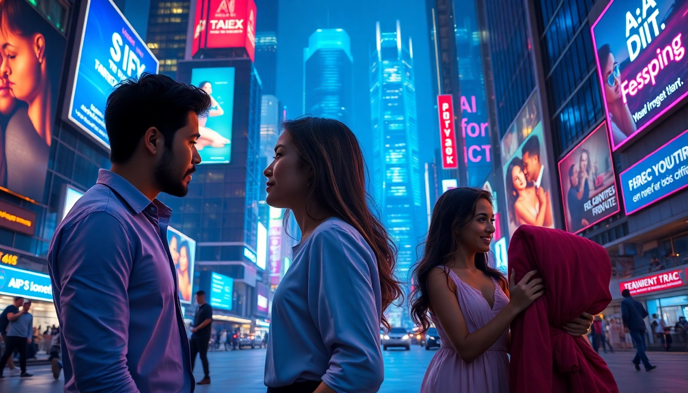 Futuristic cityscape depicting ai sex interactions between humans and AI companions, illuminated by neon lights.