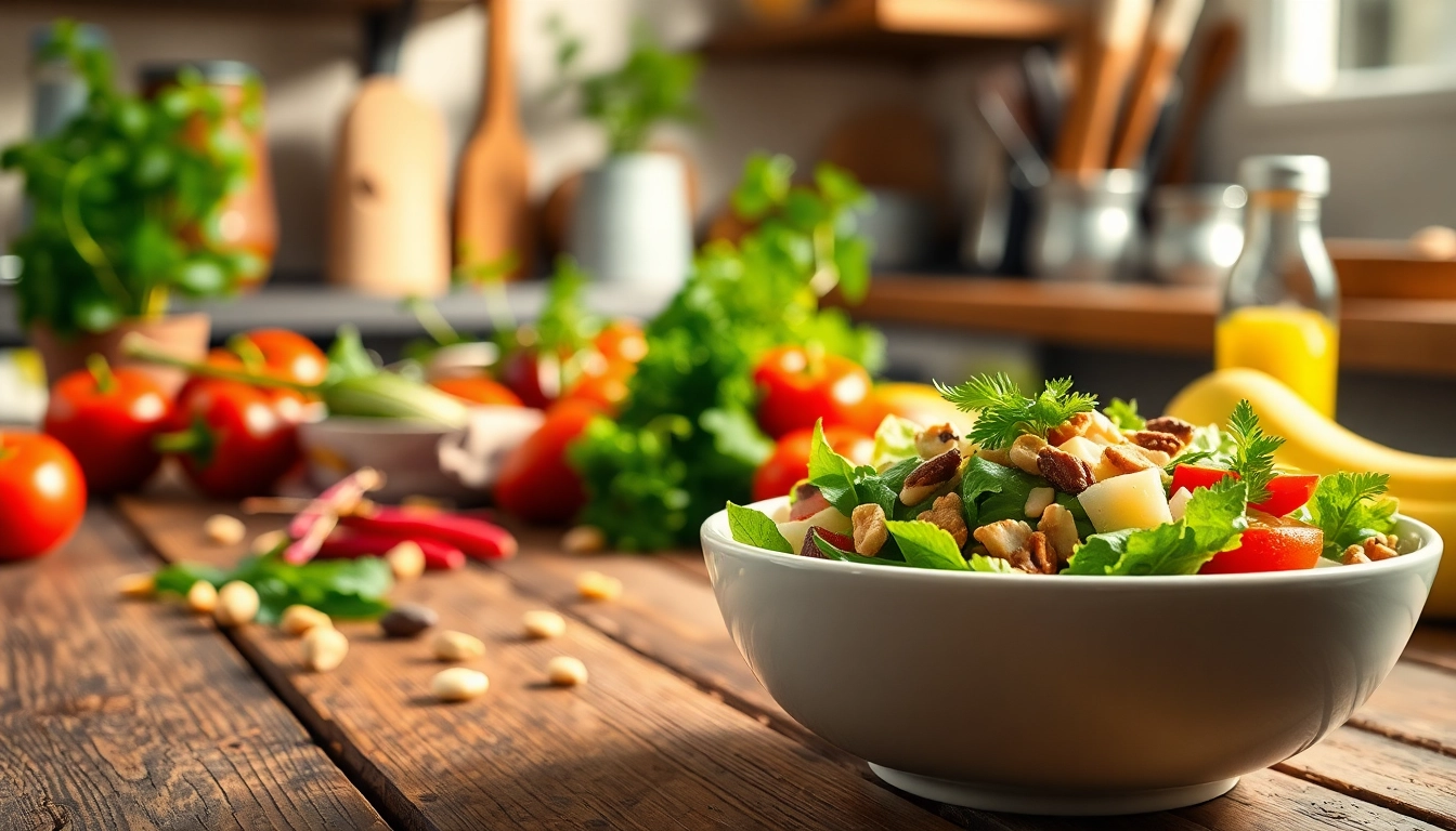 Visualize healthy recipes from recipesalexarciab.com featuring a vibrant salad bowl on a rustic kitchen table.