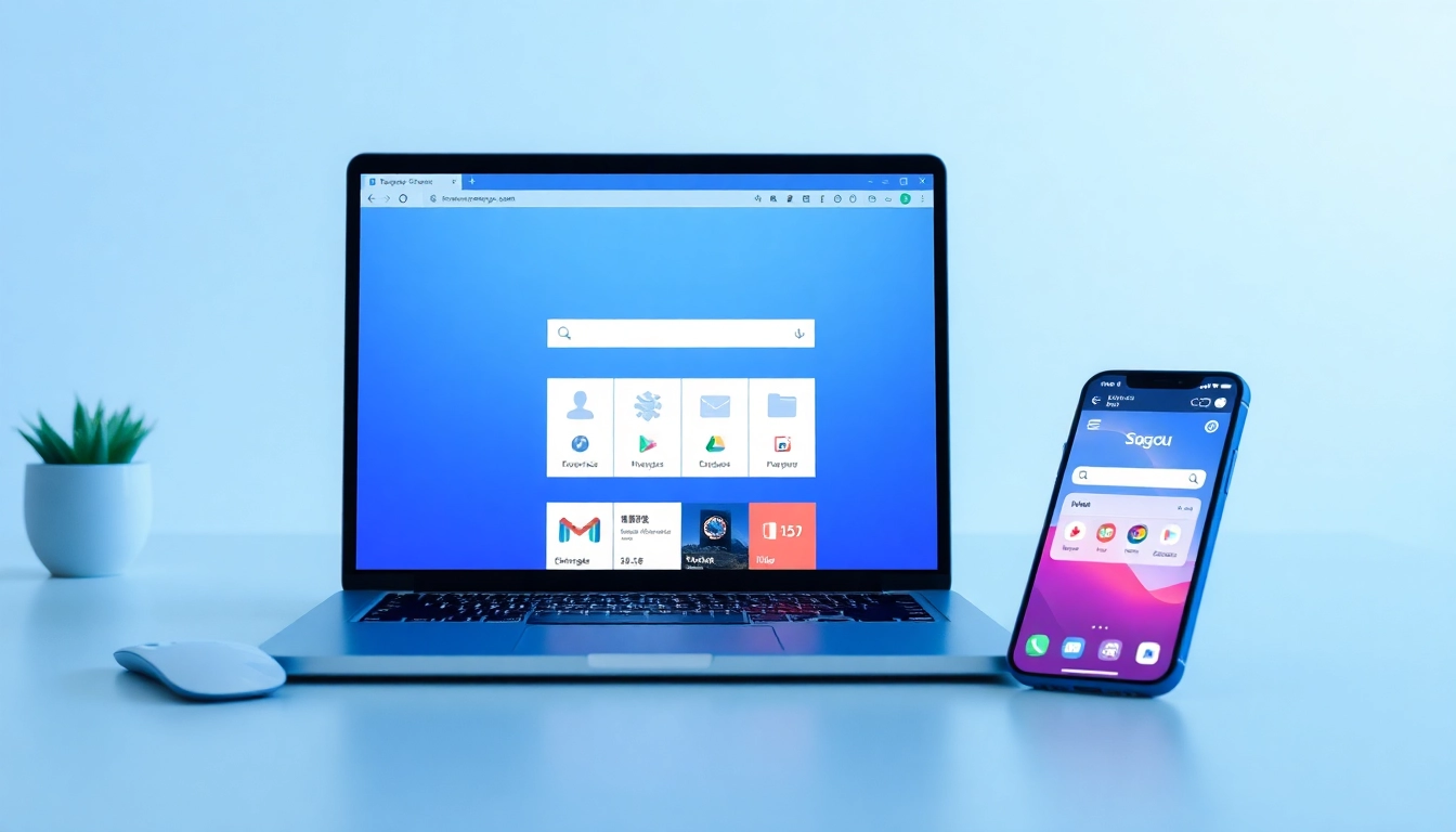 Sogou浏览器 interface showcasing a user-friendly design and customization features on a laptop and smartphone.