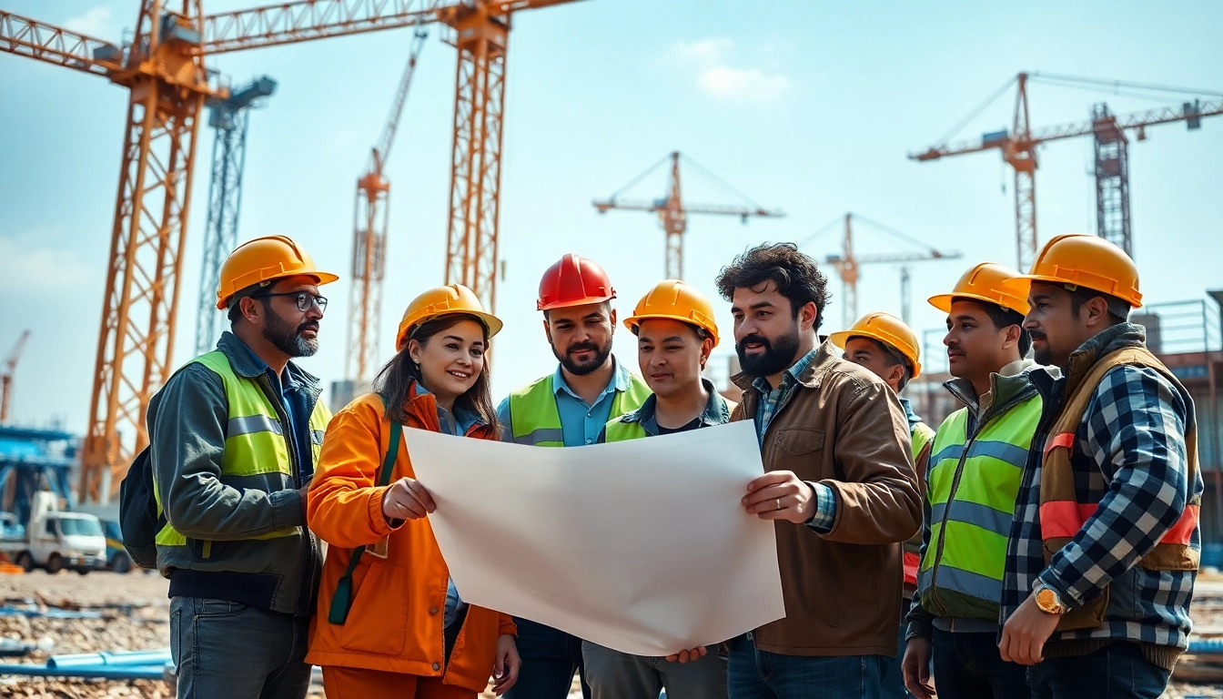 Construction association experts collaborating on-site with blueprints and machinery.