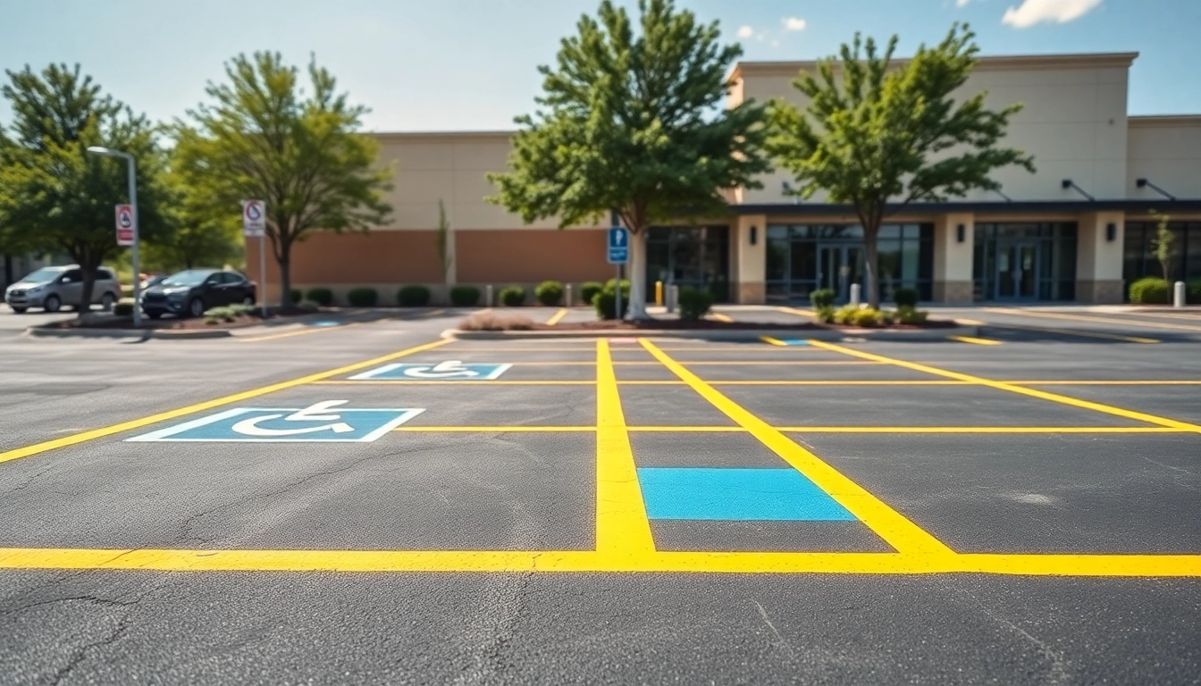 ADA parking lot striping Jackson MS featuring freshly painted handicap spaces with clear markings.