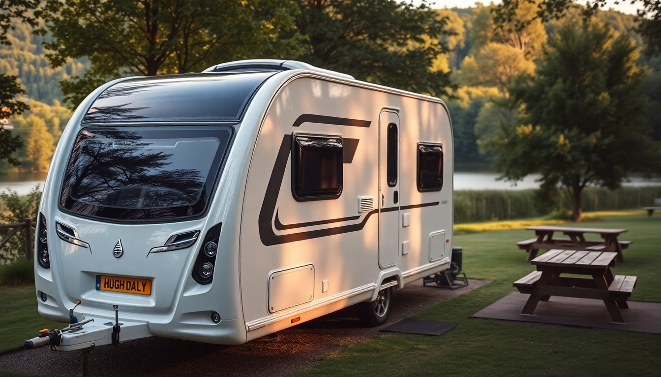 Hugh Daly Caravans showcased at a picturesque camping site with natural greenery.