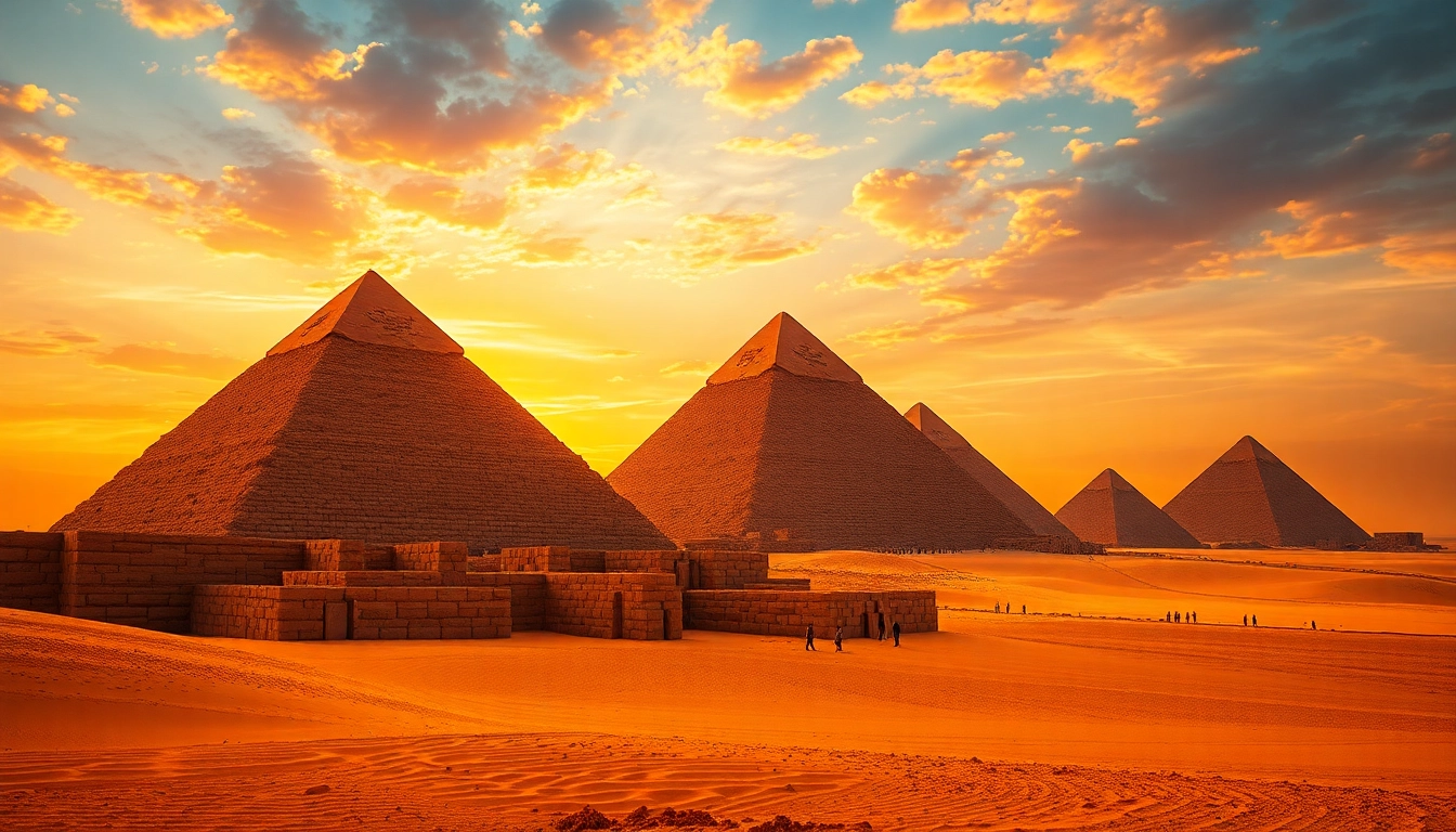 Discover the magnificent Egyptian pyramids on https://piraminds.com/, showcasing their historical grandeur at sunset.