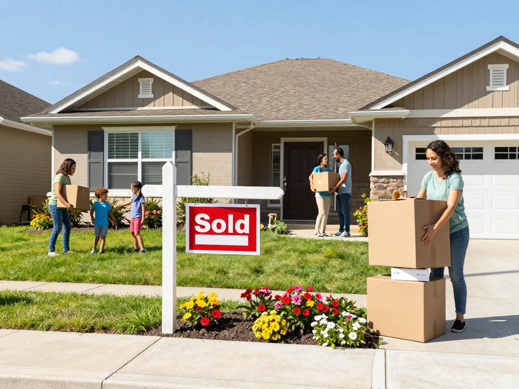 Sell my house fast for cash with a happy family packing boxes outside their home.