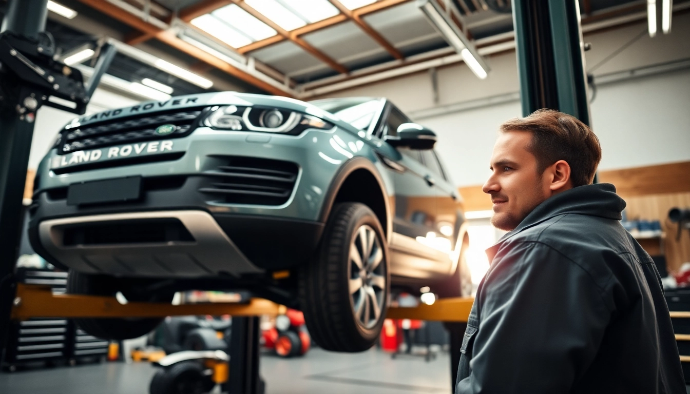 Expert technician performing Land Rover Service in a bright workshop atmosphere.