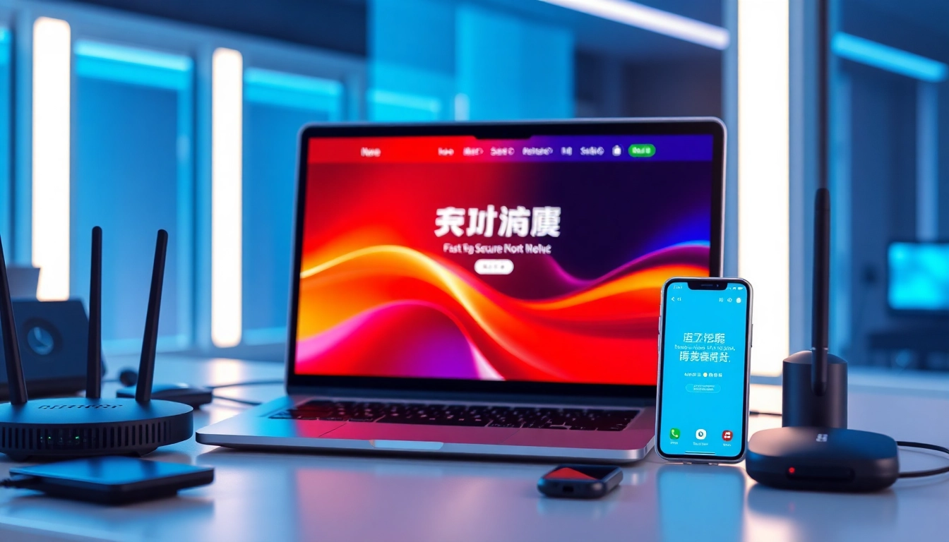 快连官网 displayed on a laptop in a modern workspace, illustrating fast and secure internet connections.