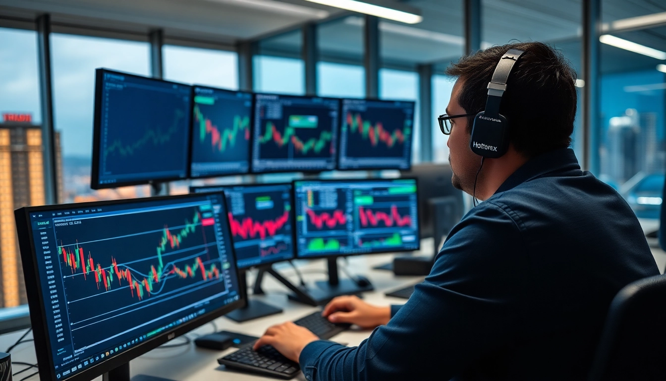 Trading with hotforex mt4, a dedicated trader analyzes market data in a vibrant office.