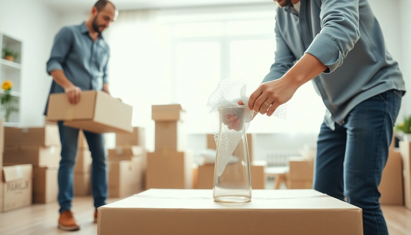 Packing items by skilled movers from moving companies near me in a sunny, organized living room.