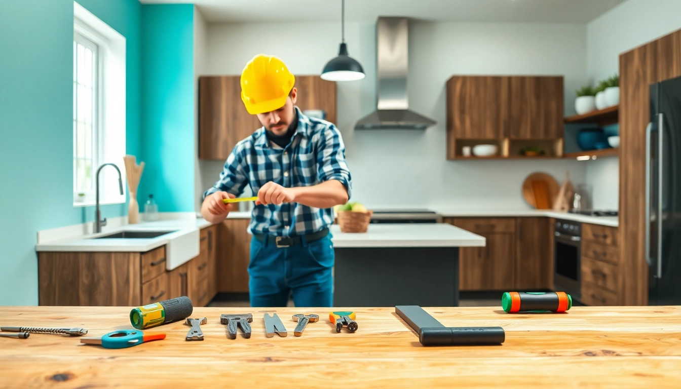 Home renovation showing a contractor working in a modern kitchen with bright natural lighting.