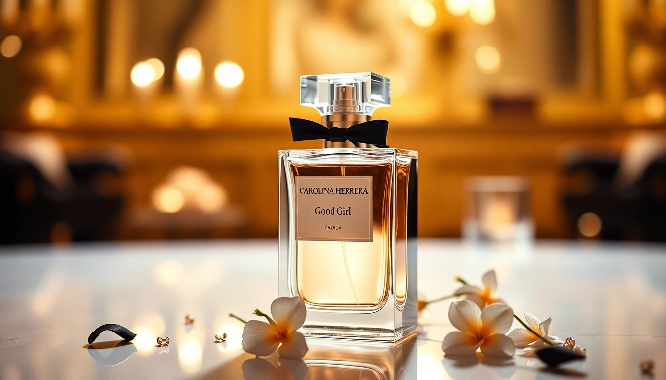 Experience the allure of Carolina Herrera Good Girl, featuring its elegant bottle set in a sophisticated atmosphere.