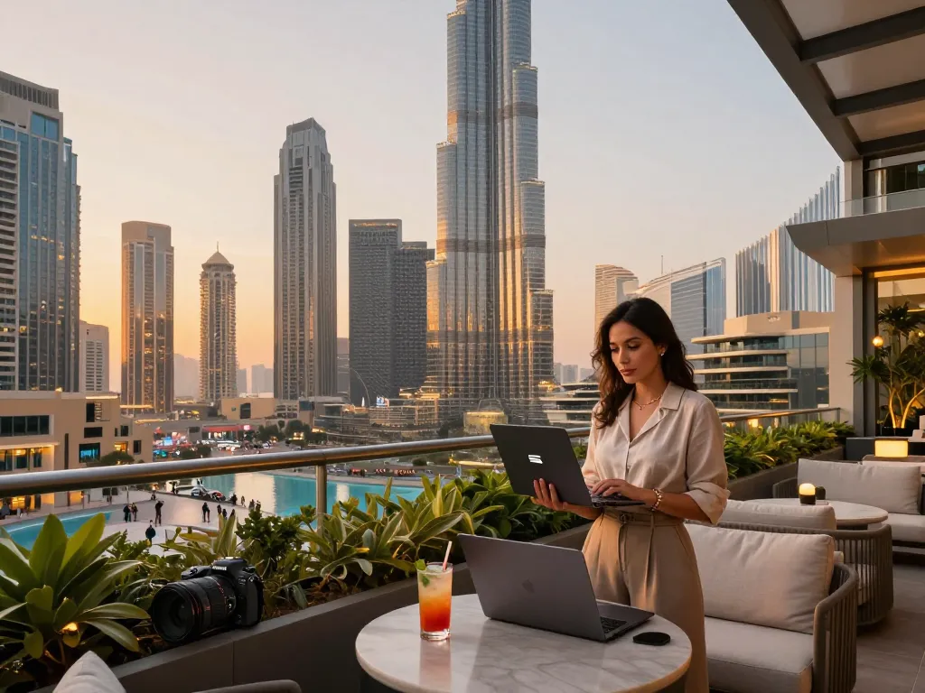 Stunning Dubai skyline with a hostess managing her Airbnb, showcasing the essence of airbnb management dubai.