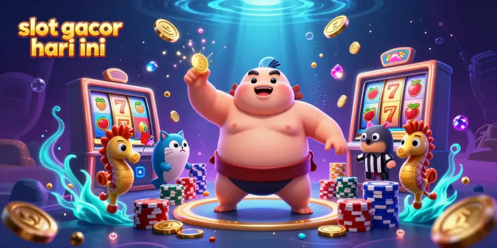 Slot gacor hari ini menggambarkan ikan fugu dengan simbol keberuntungan dalam ilustrasi kasino yang meriah.