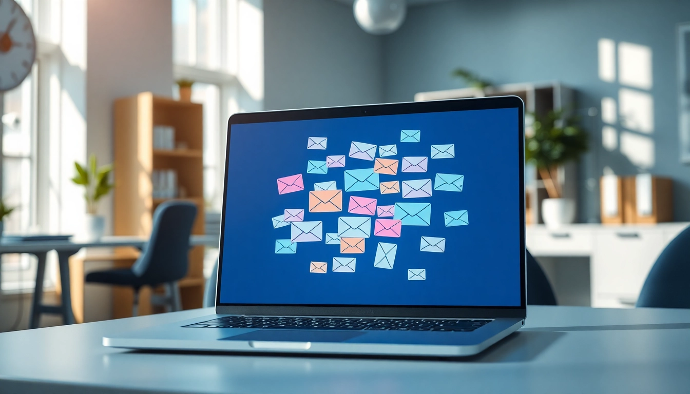 Showcase a laptop on a desk illustrating temp mail temporary email notifications for temporary correspondence.