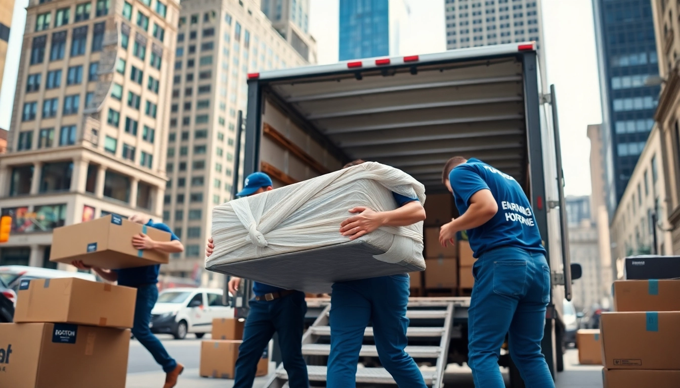 Local movers Boston expertly packing and loading furniture in a busy urban scene.