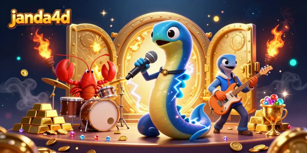 Ilustrasi 3D janda4d dalam kasino bawah laut menampilkan udang drummer dan kuda laut gitaris.