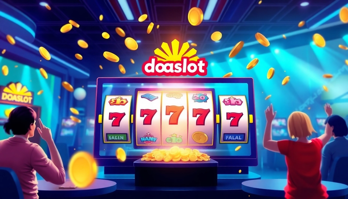 Exciting gameplay scene featuring doaslot slot with vibrant reels and player celebrations.