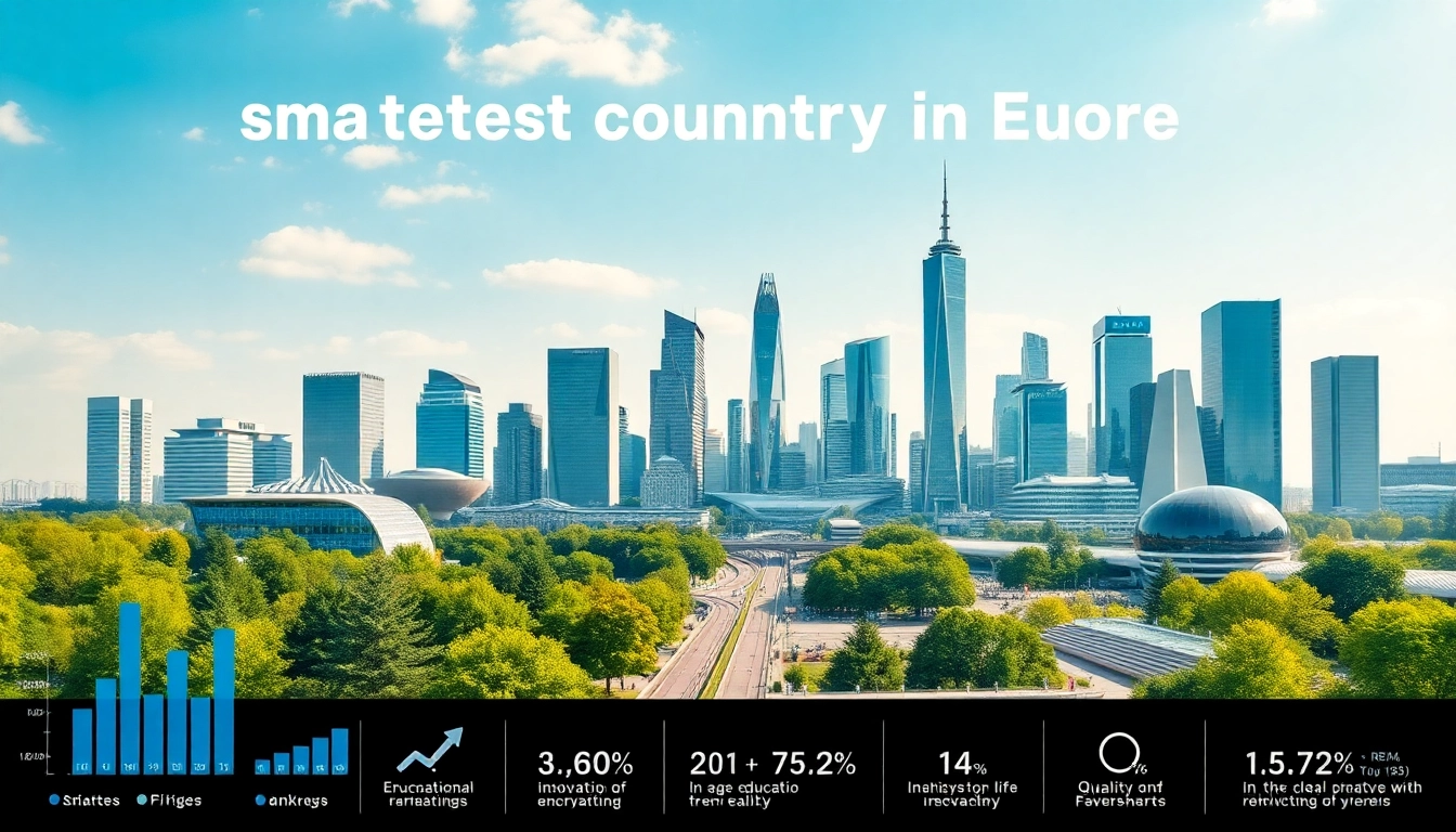 Showcasing the smartest country in Europe through a vibrant city skyline illustration with modern architecture.