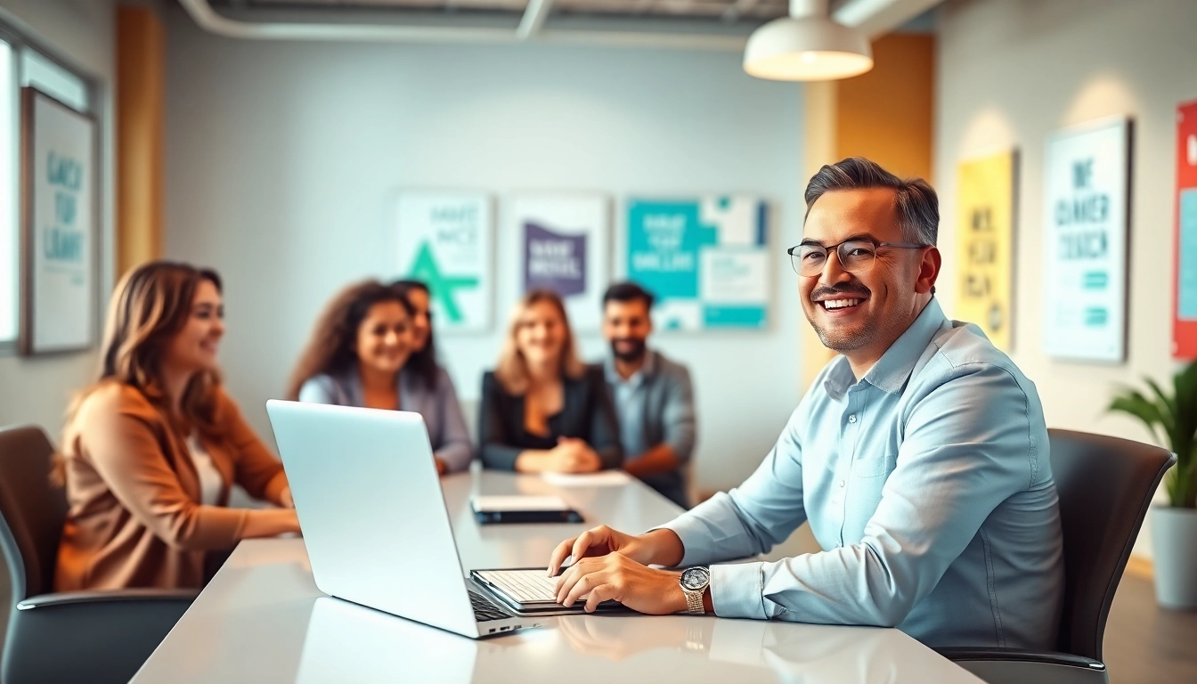 Business coach California interacting with clients in a modern office setting.