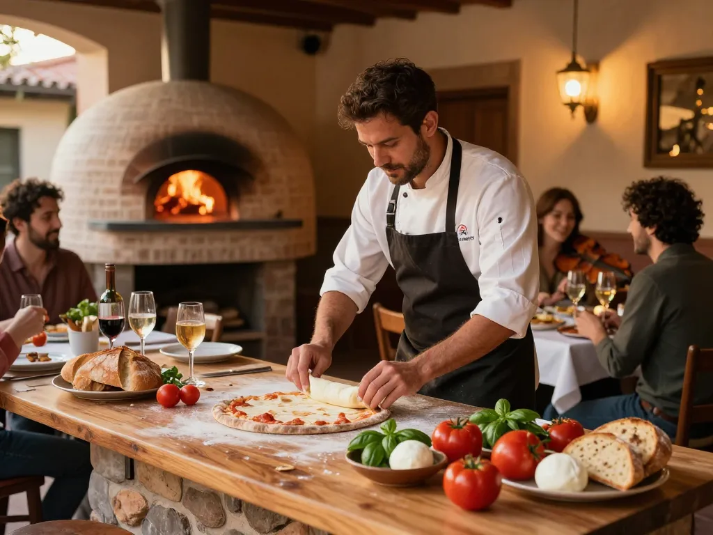 88Pulsa highlights the authentic Italian dining experience at an Osteria, showcasing a chef preparing pizza with fresh ingredients in a warm, inviting atmosphere.
