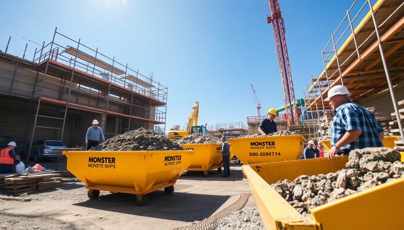 Efficient loading of debris into vibrant Monster Skips at a bustling construction site.