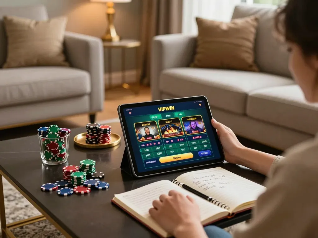 Engaging in online gaming at VIPWIN with a cozy setup showcasing strategic planning and relaxed atmosphere.