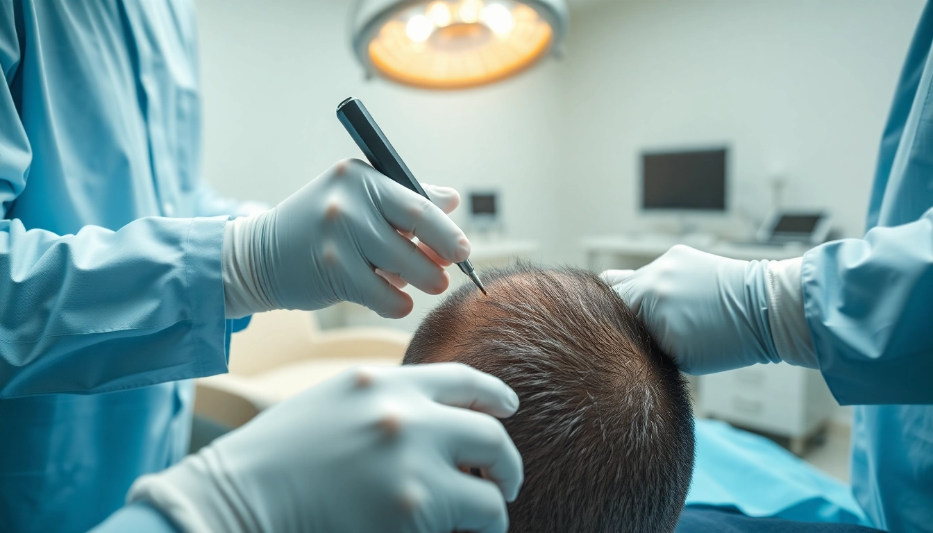Hair transplant turkey procedure showing expert hands placing hair follicles in a modern setting.
