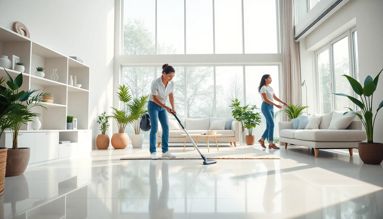Cleaning service team actively cleaning a bright, modern living room with efficient techniques.