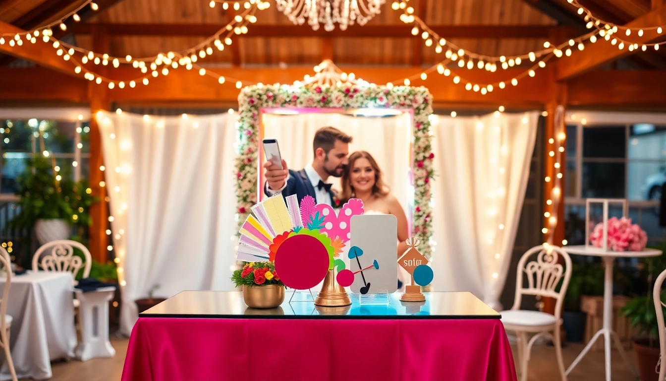 Guests enjoying a fun photo booth rental experience at a wedding event with colorful props.