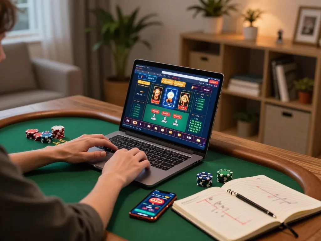 Engaging in online poker with rik88 vip on laptop, showcasing strategic gaming setup and cozy atmosphere