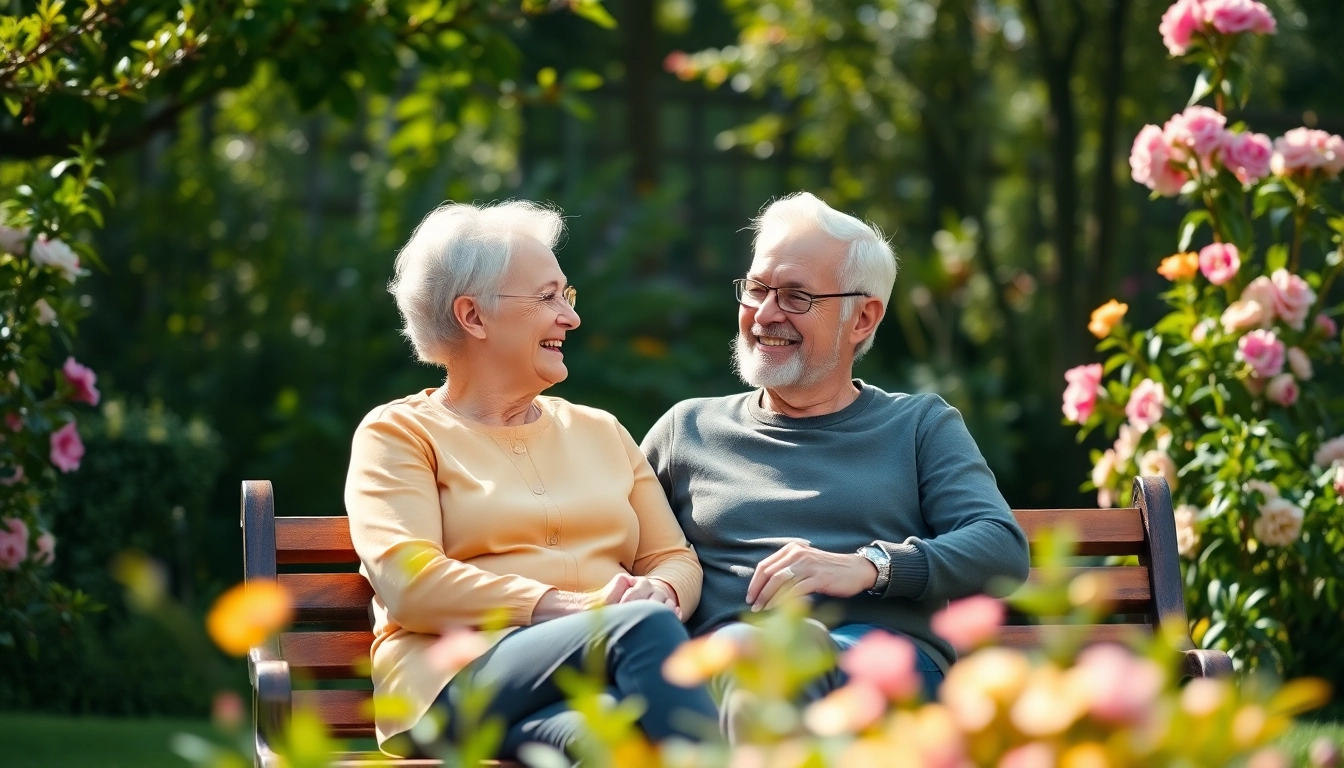 Engaged elderly couple representing the vibrant lifestyle at https://frontidas.com, enjoying a serene garden setting.