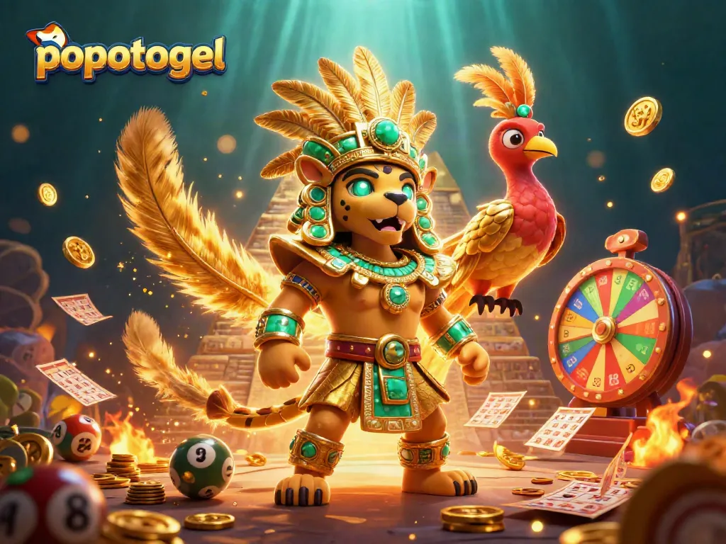 Permainan lotere popotogel dengan elemen karakter penuh warna dan keberuntungan di lingkungan yang menarik.