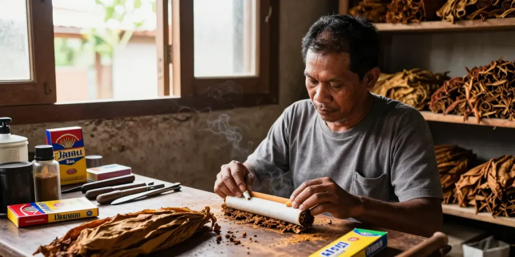 Artisan crafting Djarum Bos clove cigarettes in a vibrant workshop.
