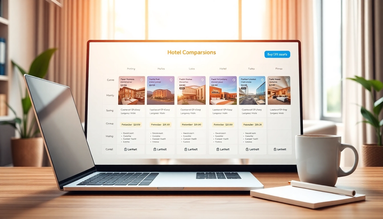 Compare Rates for Hotels through a professional online booking comparison showing various hotel rates and features.