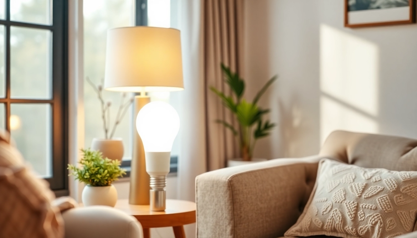 Brightly lit a19 led bulb illuminating a warm living room setting.