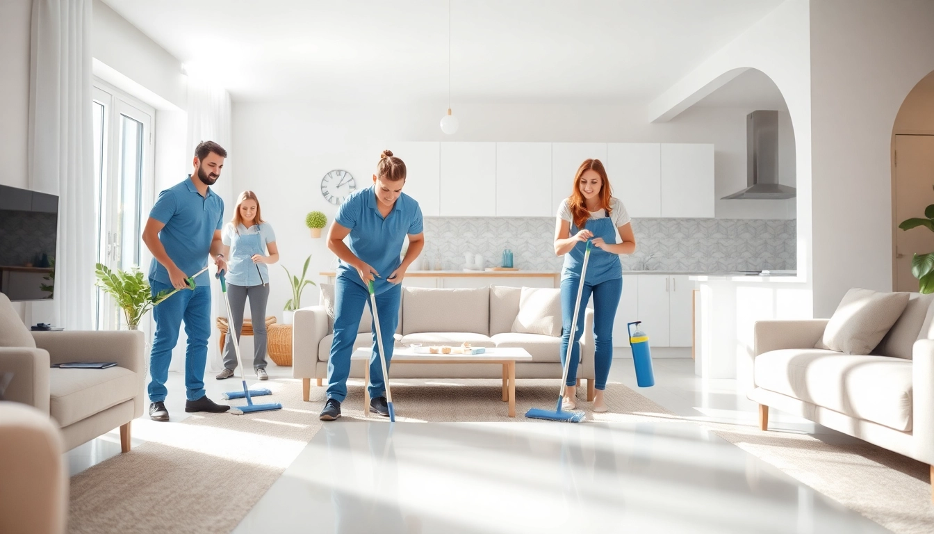 Performing a thorough Cleaning service in a sunny living room with friendly professionals.