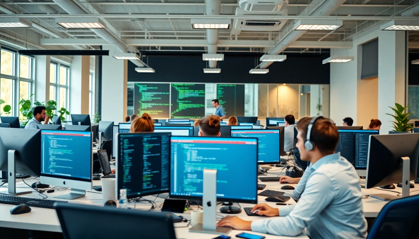 Dynamic team at a web development company collaborating on innovative projects.