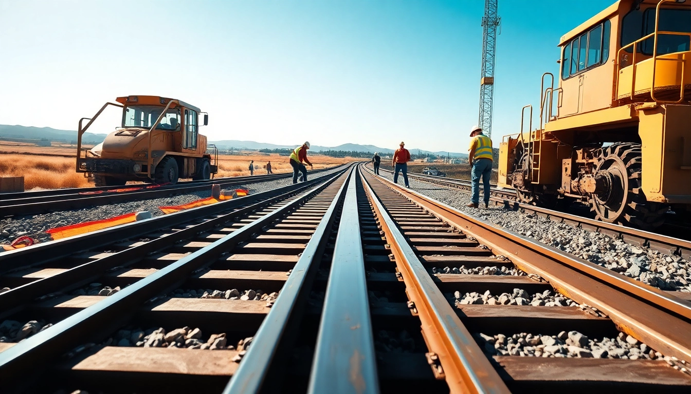 Workers collaborating on a railroad track construction site, highlighting services of Railroad Track Construction Company.