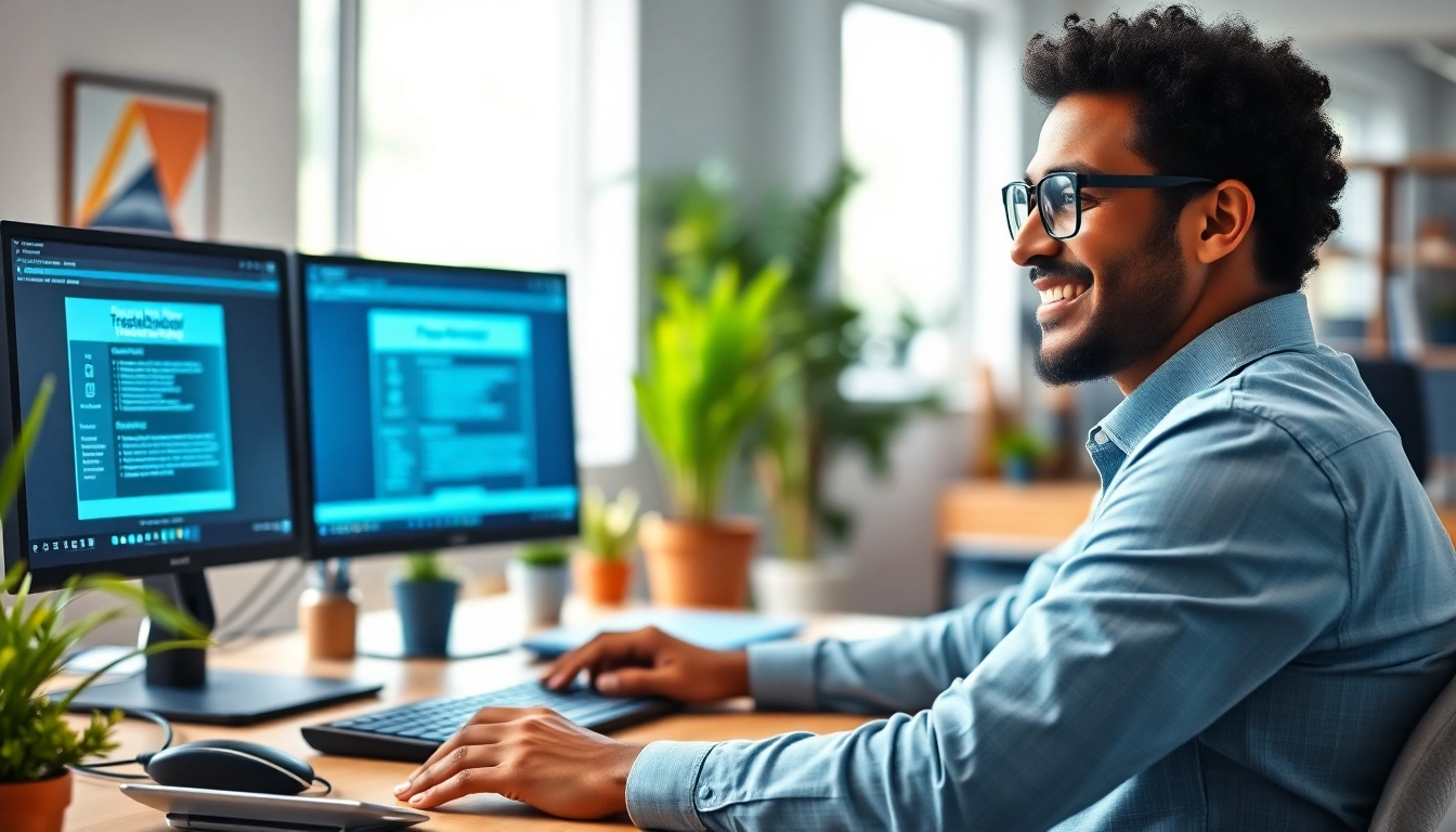 Technician delivering Computer help to a client in a modern office.