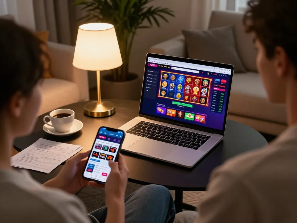 Player engaging in online gaming at HUBET's sleek platform, sophisticated home setup showcasing strategic betting.