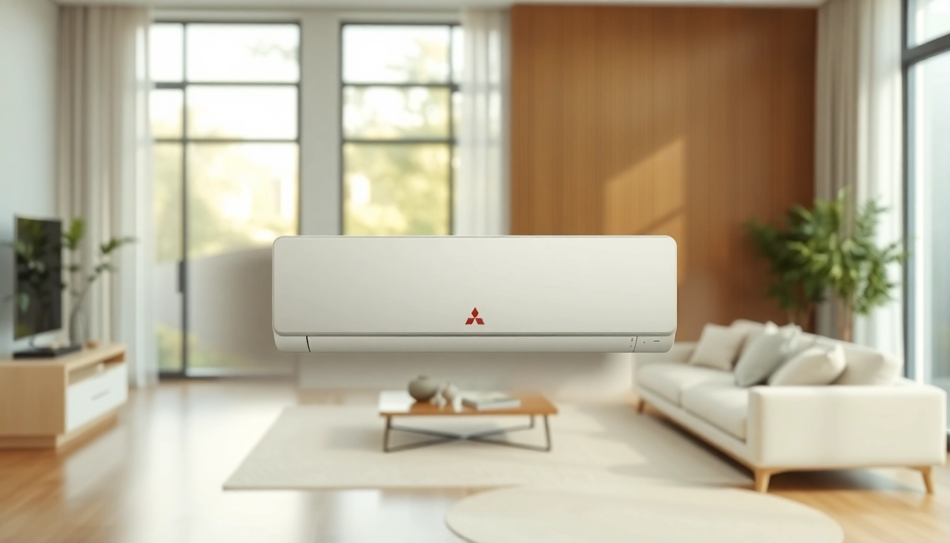 Enhance your comfort with an energy-efficient Mitsubishi mini split AC unit stylishly installed in a modern living room.