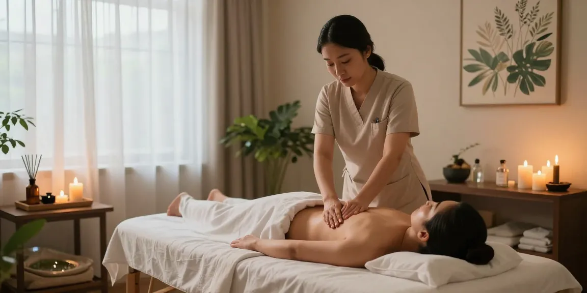 1인샵 마사지 공간에서 아로마 마사지 받고 있는 모습, 편안한 조명과 자연 요소로 아늑한 분위기 연출
