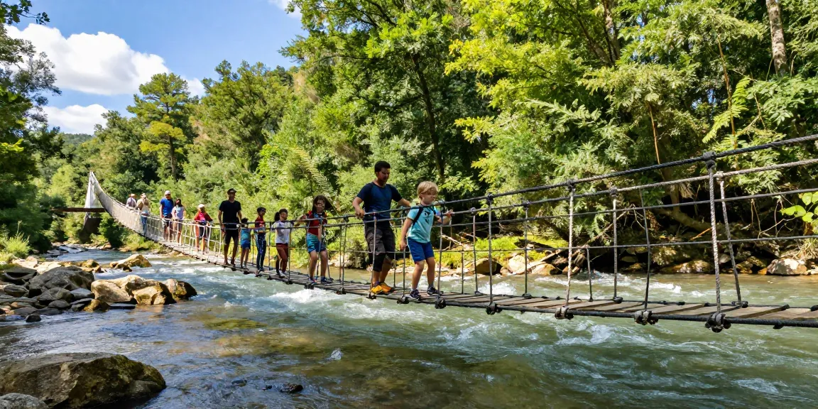 Family crossing a River Rope Bridge in a lush green forest, capturing adventure and excitement.