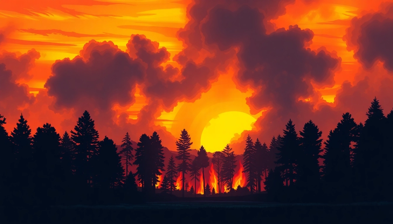Capture of wildfire events showcasing flames and smoke amidst forest destruction.