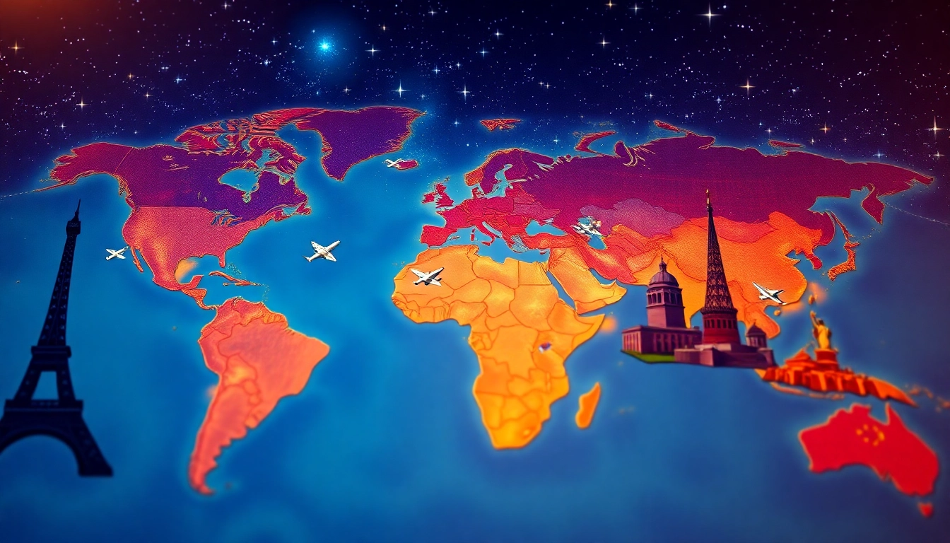 Round the world destinations illustrated with major landmarks, encouraging global exploration.