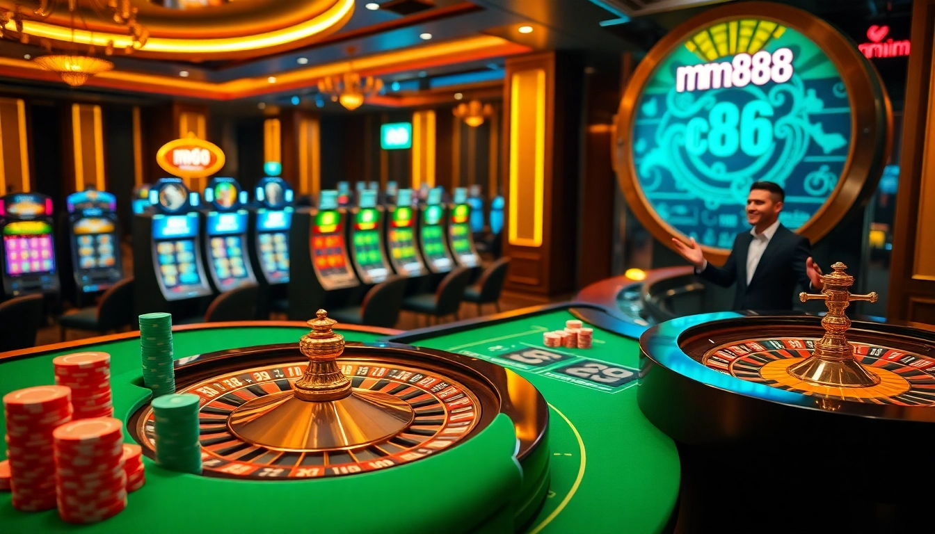 Engaging scene of Nhà Cái mm88's vibrant casino atmosphere with poker chips and roulette wheel.