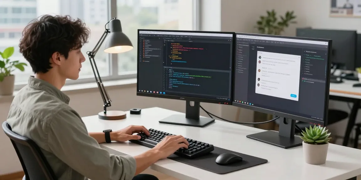 Dynamic tech workspace showcasing developer productivity at 纸飞机中文版官网, featuring modern coding interfaces and a vibrant city backdrop.