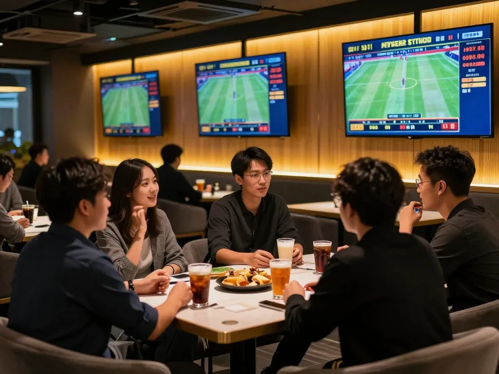 Betting action at 오피스타 sports lounge with live games on screens, dynamic atmosphere of excitement.